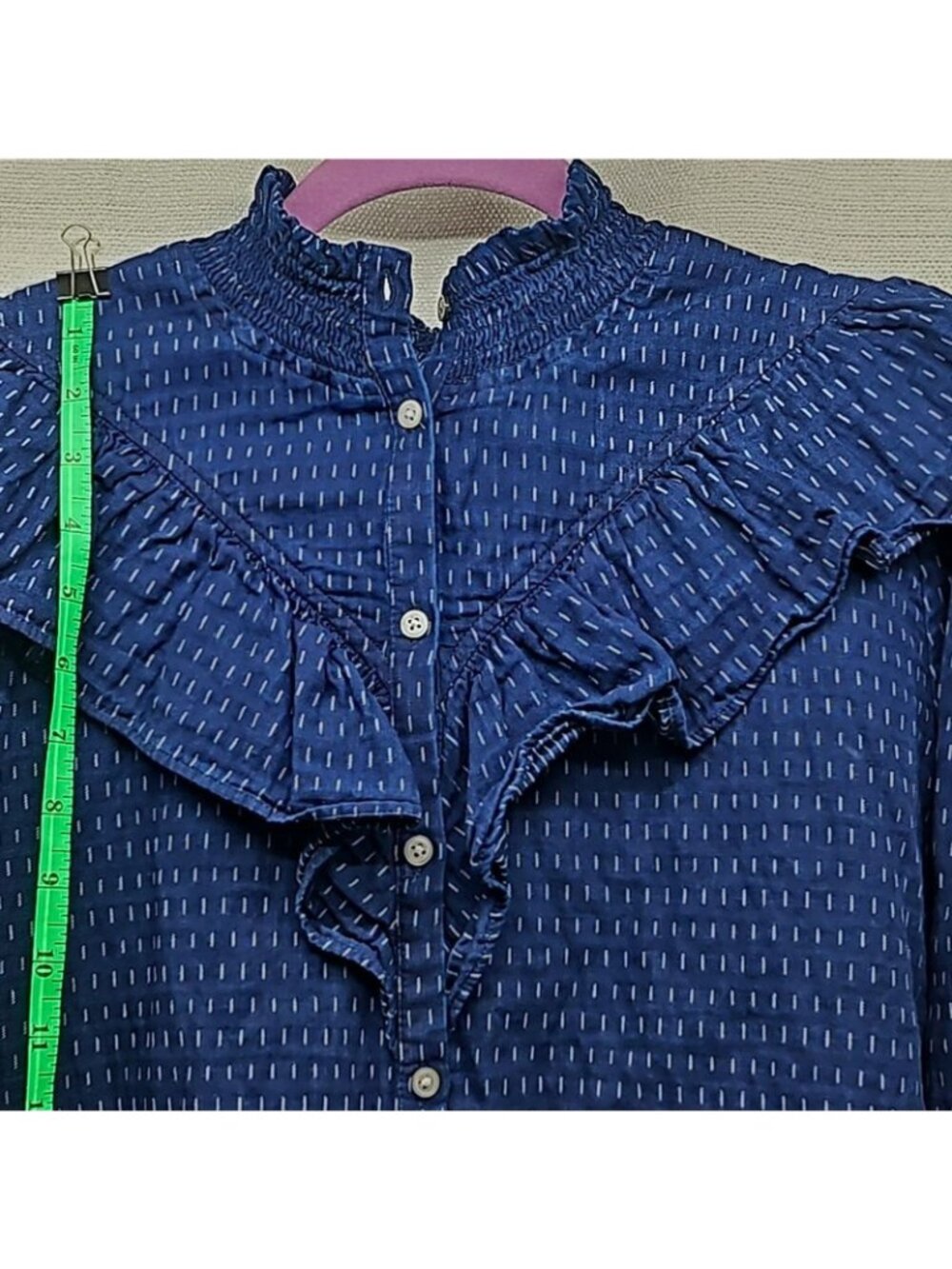 LOFT Womens Large Ruffle Prairie Victorian Cottagecore Navy Cotton Button Front - Picture 6 of 10